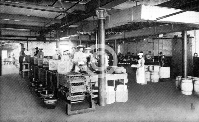 Where machinery is paramount: filling and weighing packages of lard, 1909. Creator: Unknown.
