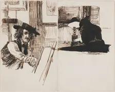 Whistler drawing Poynter; back view of a man seated at a table near a lighted lamp, 1860. Creator: Edward John Poynter