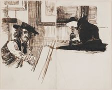 Whistler drawing Poynter; back view of a man seated at a table near a lighted lamp, 1860. Creator: Edward John Poynter