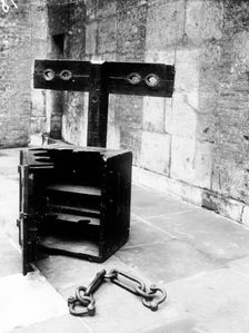 Whipping block and irons, Newgate Prison, London. Creator: Unknown