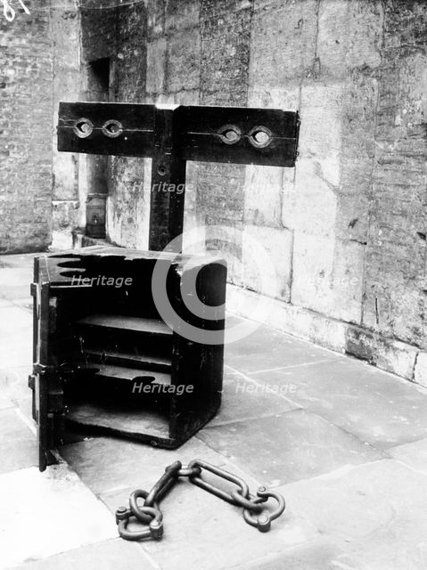 Whipping block and irons, Newgate Prison, London. Creator: Unknown.