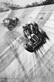 Whitney Straight (Maserati) at the Members Bridge turn, Brooklands, 1933, (1937). Artist: Gordon Crosby