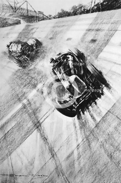 'Whitney Straight (Maserati) at the Members' Bridge turn, Brooklands, 1933, (1937). Artist: Gordon Crosby.