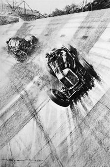 Whitney Straight (Maserati) at the Members Bridge turn, Brooklands, 1933, (1937). Artist: Gordon Crosby