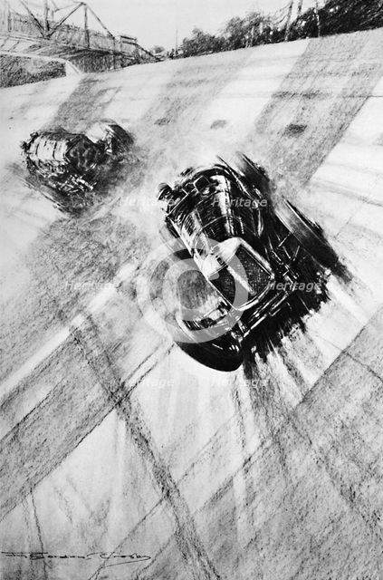 'Whitney Straight (Maserati) at the Members' Bridge turn, Brooklands, 1933, (1937). Artist: Gordon Crosby.
