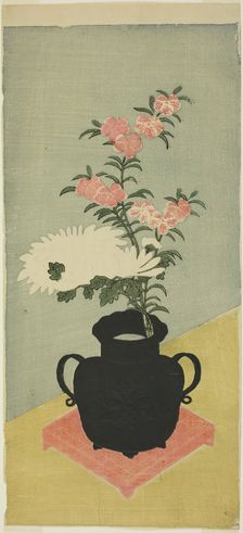 White Chrysanthemums and Pinks in a Black Vase, 1765/70. Creator: Ippitsusai Buncho