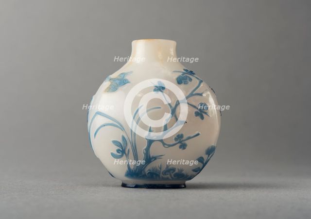 White glass snuff bottle with blue overlay, China, Qing dynasty, 1644-1911. Creator: Unknown.