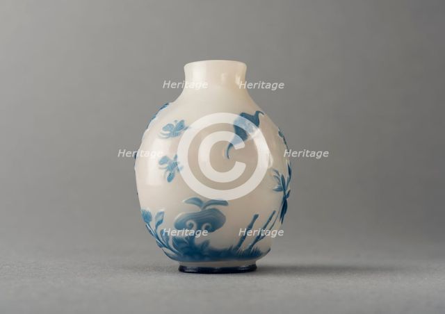White glass snuff bottle with blue overlay, China, Qing dynasty, 1644-1911. Creator: Unknown.