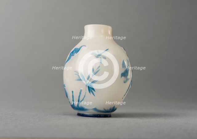 White glass snuff bottle with blue overlay, China, Qing dynasty, 1644-1911. Creator: Unknown.