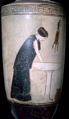 White-ground lekythos with a pianting of a woman at a wash basin, Attica, Greece, 470BC-460BC
