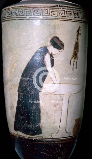 White-ground lekythos with a pianting of a woman at a wash basin, Attica, Greece, 470BC-460BC. Artist: Unknown