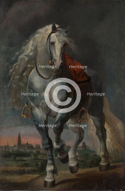 White Horse trotting over a flat Landscape before a City, after 1648-1653. Creator: School of Peter Paul Rubens.
