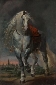 White Horse trotting over a flat Landscape before a City, after 1648-1653. Creator: School of Peter Paul Rubens