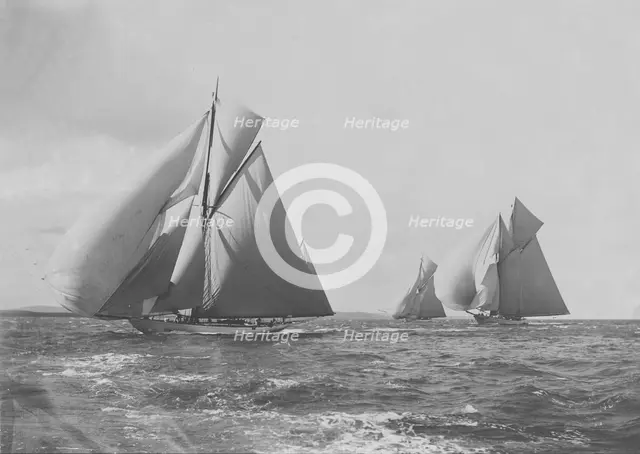 'White Heather', 'Meteor III' and 'Brynhild' racing in the Solent, 1905. Creator: Kirk & Sons of Cowes.