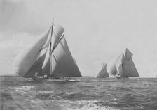 White Heather Meteor III and Brynhild racing in the Solent, 1905. Creator: Kirk & Sons of Cowes