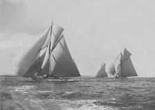 White Heather Meteor III and Brynhild racing in the Solent, 1905. Creator: Kirk & Sons of Cowes