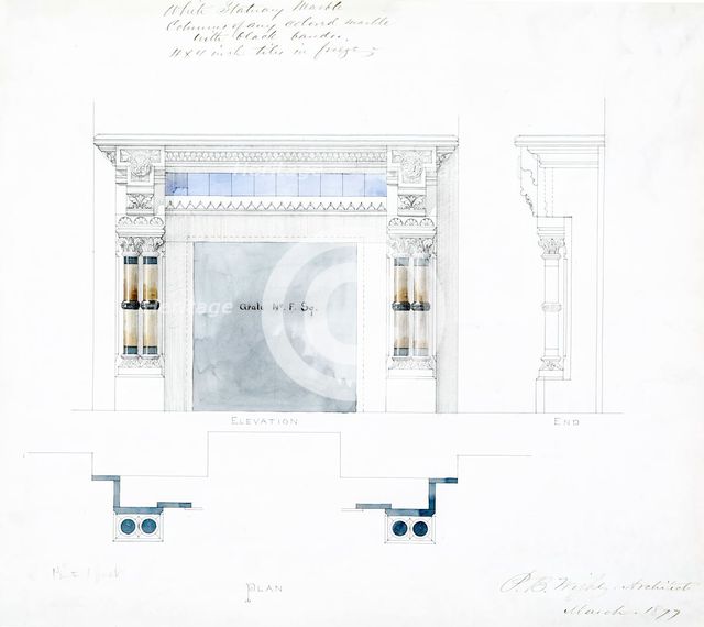 White Statuary Marble Mantel Design, Elevations and Plan, 1877. Creator: Peter Bonnett Wight.
