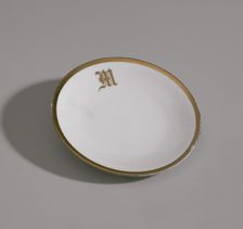 White plate with gold trim from Mae's Millinery Shop, 1941-1994. Creator: Classic Bavaria