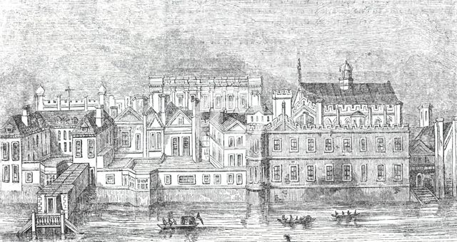 Whitehall, as it appeared before the fire of 1691, 1844.  Creator: Unknown.