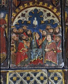 Whitsun detail of the Altarpiece of the Virgin of the Ascension polichromed sculpture in stone