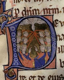 Whitsun, illuminated capital letter in the Episcopal Sacramentary of Elna manuscript on parchm…