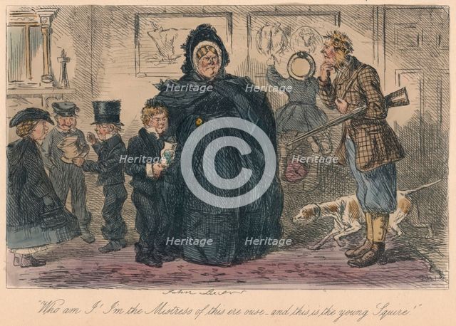 Who am I! I'm the Mistress of this ere ouse, and this is the young Squire!, 1865. Artist: John Leech.