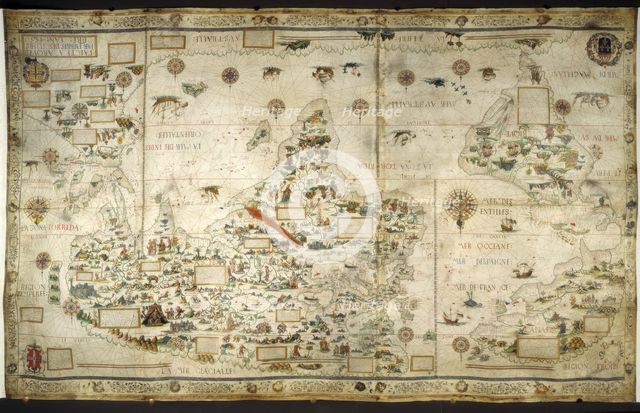 [Whole map] Desceliers map of the world; with illuminated borders..., 1550. Creator: Pierre Desceliers.