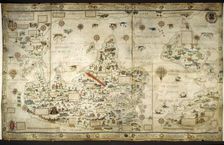 [Whole map] Desceliers map of the world; with illuminated borders..., 1550. Creator: Pierre Desceliers