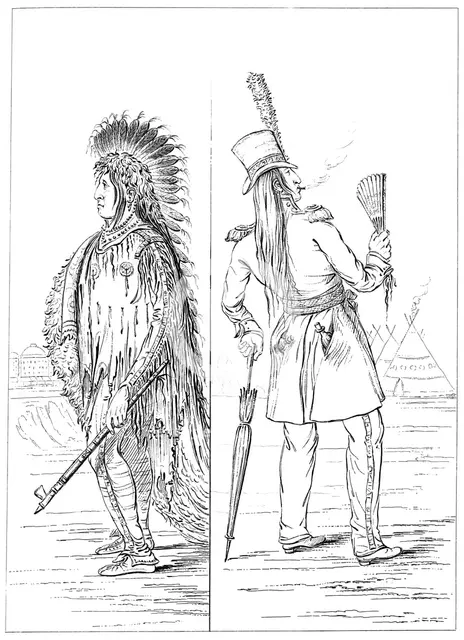 Wi-Jun-Jon in native costume and in regimental uniform, 1841.Artist: Myers and Co