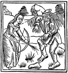 Witch shooting a man in the foot with an enchanted arrow made from a hazel wand, 1489