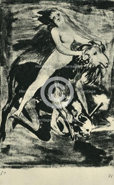 Witch riding a goat, late 18th-early 19th century, (1943). Creator: Francisco Goya.