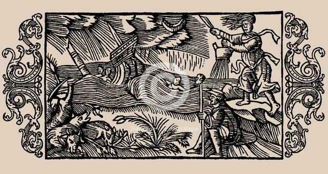 Witch unleashing storm. From "History of Northern Peoples" by Olaus Magnus, Archbishop..., 1555. Creator: Anonymous.