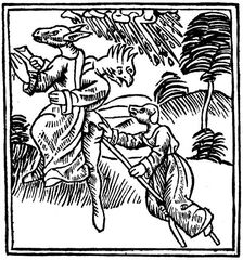 Witches turned into animals as they ride through the air, 1489