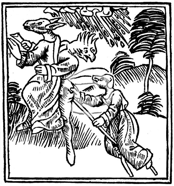 Witches turned into animals as they ride through the air, 1489. Artist: Unknown