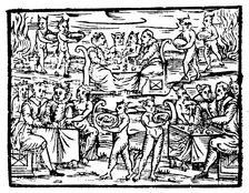 Witches and sorcerers feasting at the Sabbath, 1608