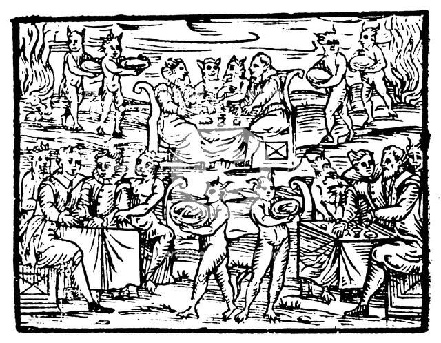 Witches and sorcerers feasting at the Sabbath, 1608. Artist: Unknown