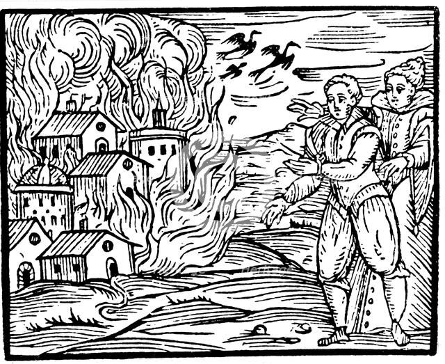 Witches destroying a house by fire  - Swabia, 1533. Artist: Unknown