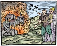 Witches destroying a house by fire - Swabia, 1533
