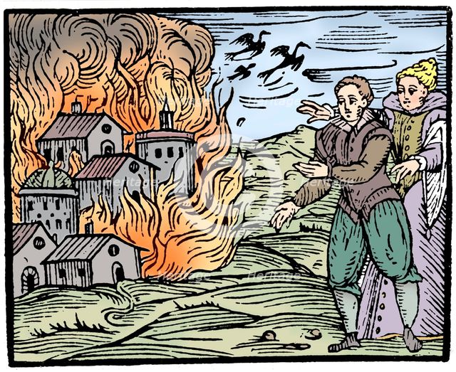 Witches destroying a house by fire  - Swabia, 1533. Artist: Unknown.