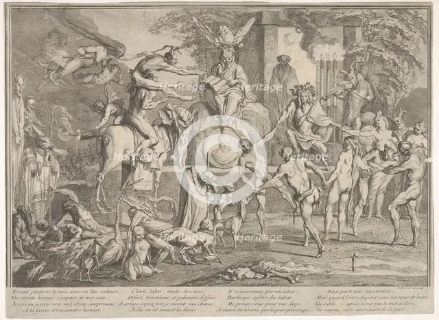 Witches' Sabbath, within a nocturnal landscape, a necromancer seated at top cente..., ca. 1700-1720. Creator: Claude Gillot.