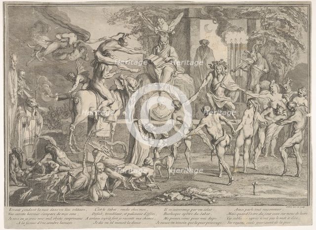 Witches' Sabbath, within a nocturnal landscape, a necromancer seated at top cente..., ca. 1700-1720. Creator: Claude Gillot.