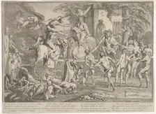 Witches Sabbath, within a nocturnal landscape, a necromancer seated at top cente..., ca. 1700-1720. Creator: Claude Gillot