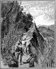 With the Lushai Expedition: coolies carrying bags of rice up a mountain path, 1890. Creator: R. Taylor