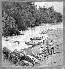 With the Lushai Expedition: encampment at Outan Chitra, on the Kurnafuli River, 1890. Creator: R. Taylor