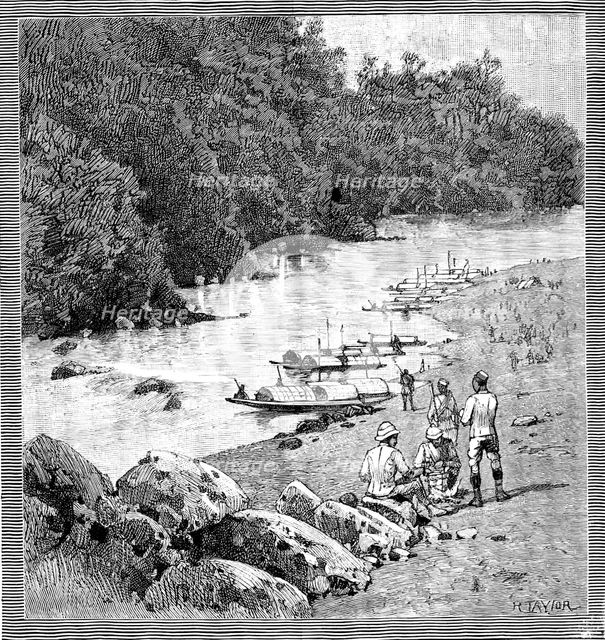 With the Lushai Expedition: encampment at Outan Chitra, on the Kurnafuli River, 1890. Creator: R. Taylor.