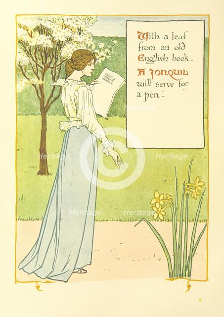 With a leaf from an old English book, A Jonquil will serve for a pen, 1899.  Creator: Walter Crane.