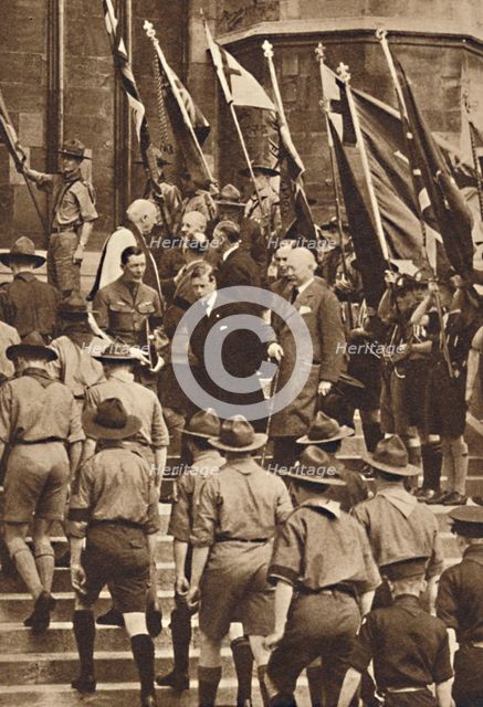 'With Boy Scouts at Windsor', 1937. Artist: Unknown.