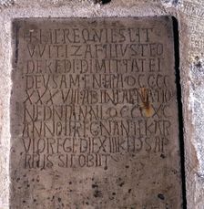 Witiza. (708-710?). Visigoth king, tombstone, of 890, found next to a sarcophagus and to several …