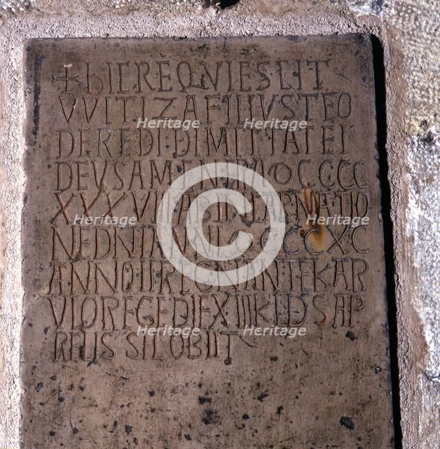 Witiza. (708-710?). Visigoth king, tombstone, of 890, found next to a sarcophagus and to several …
