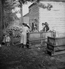 Wives of tobacco tenants pile the tobacco..., Granville County, North Carolina, 1939. Creator: Dorothea Lange